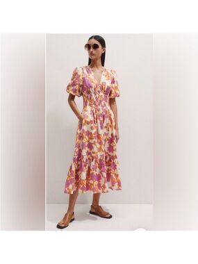 ME+EM Pink and Yellow Floral Smocked Midi Dress